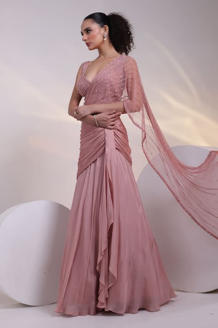 Smriti By Anju Agarwal_Pink Silk, Chinon, Net Sequins, Rose Pre-drape Luxe Concept Saree With Blouse _Online_at_Aza_Fashions