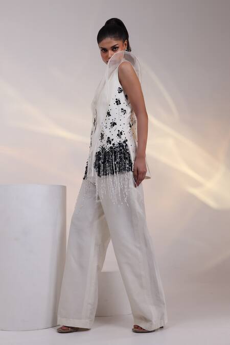 Smriti By Anju Agarwal Off White Crepe, Silk Sequins, Fringe Sequence Forest Jacket And Trouser Set Online at Aza Fashions Smriti By Anju Agarwal_Off White Crepe, Silk Sequins, Fringe Sequence Forest Jacket And Trouser Set _Online_at_Aza_Fashions