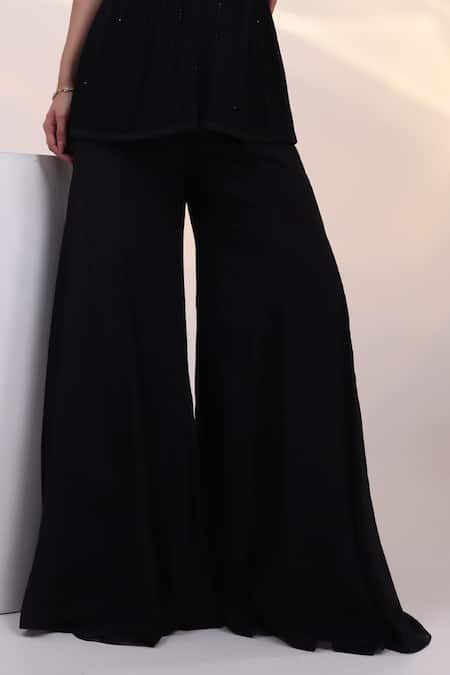 Smriti By Anju Agarwal_Black Chinon, Silk Beads V-neck Stellar Corded Pleat Fall Jacket And Pant Set _Online_at_Aza_Fashions