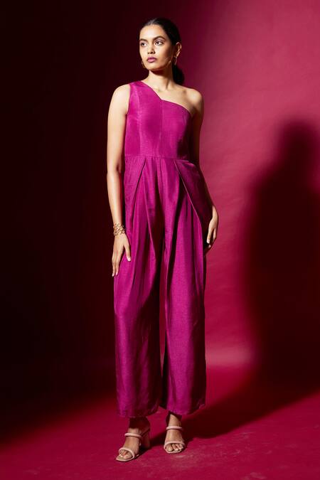 Vedika M_Purple Silk One Shoulder Jumpsuit _Online_at_Aza_Fashions