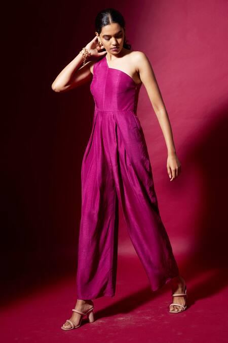 Buy_Vedika M_Purple Silk One Shoulder Jumpsuit _Online_at_Aza_Fashions