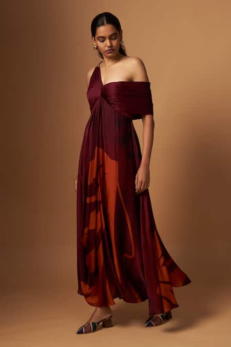 Vedika M_Maroon Satin One Shoulder, V-neck Abstract Print Dress _Online_at_Aza_Fashions