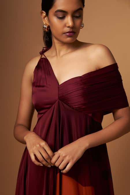 Buy_Vedika M_Maroon Satin One Shoulder, V-neck Abstract Print Dress _Online_at_Aza_Fashions