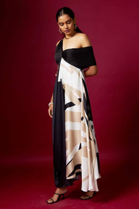 Vedika M_Black Satin One Shoulder, V-neck And White Abstract Print Dress _Online_at_Aza_Fashions