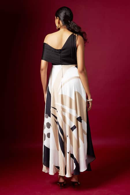 Vedika M Black & White Abstract Print One Shoulder Dress 