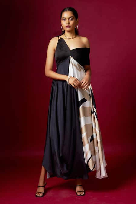 Shop_Vedika M_Black Satin One Shoulder, V-neck And White Abstract Print Dress _Online_at_Aza_Fashions