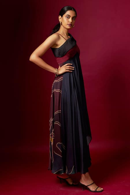 Vedika M_Multi Color Satin One Shoulder, Asymmetric Abstract Print Strap Dress _Online_at_Aza_Fashions