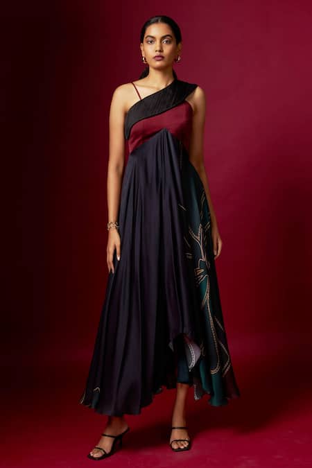 Buy_Vedika M_Multi Color Satin One Shoulder, Asymmetric Abstract Print Strap Dress _Online_at_Aza_Fashions