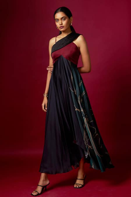 Shop_Vedika M_Multi Color Satin One Shoulder, Asymmetric Abstract Print Strap Dress _Online_at_Aza_Fashions
