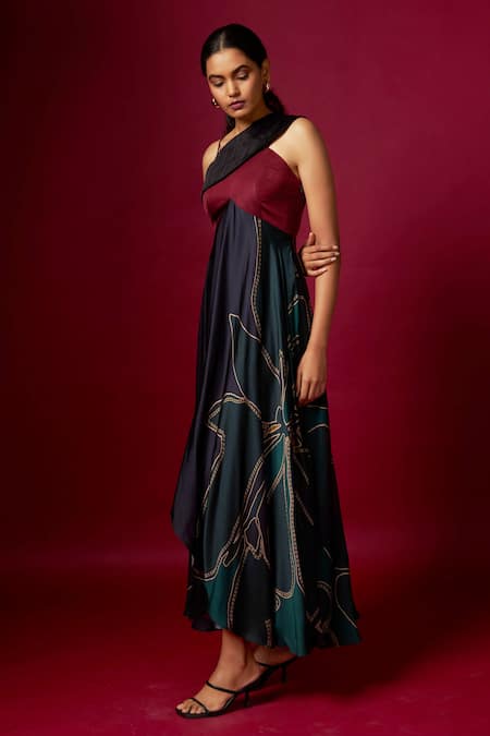 Vedika M_Multi Color Satin One Shoulder, Asymmetric Abstract Print Strap Dress _at_Aza_Fashions