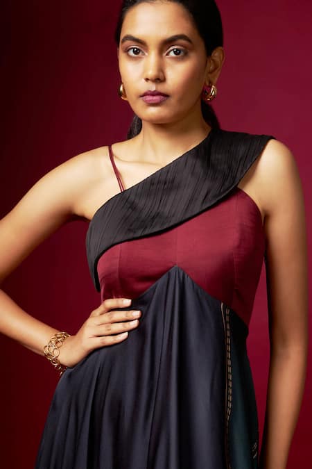 Buy_Vedika M_Multi Color Satin One Shoulder, Asymmetric Abstract Print Strap Dress 