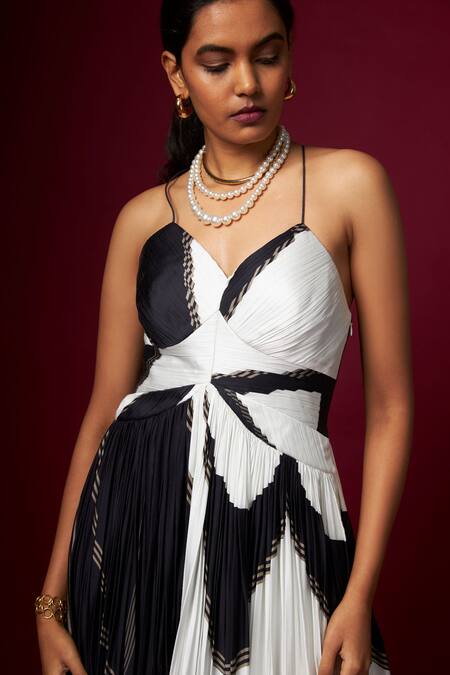 Vedika M_Black Satin V-, Sweetheart And White Abstract Print Strap Dress _at_Aza_Fashions
