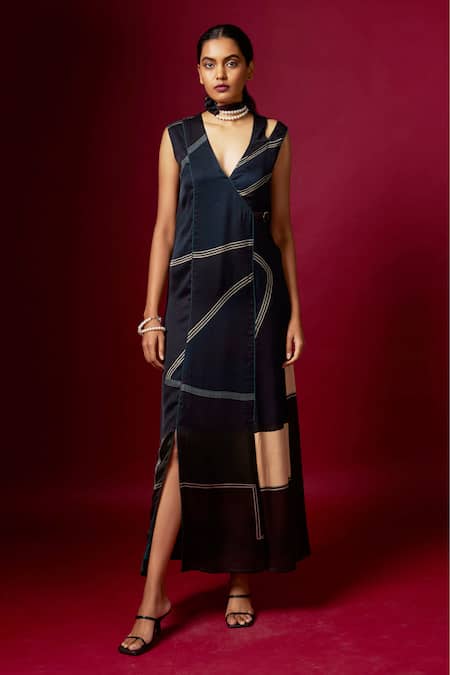 Shop_Vedika M_Multi Color Satin Buckles V-neck Panelled Overlap Dress _Online_at_Aza_Fashions