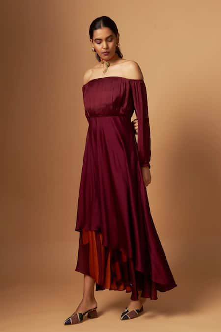 Vedika M_Maroon Satin Off-shoulder Layered Dress _Online_at_Aza_Fashions