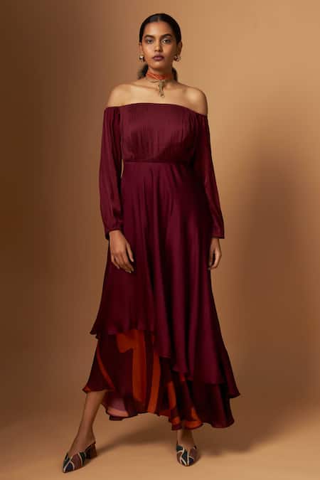 Buy_Vedika M_Maroon Satin Off-shoulder Layered Dress _Online_at_Aza_Fashions