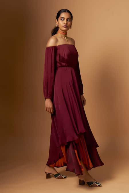 Shop_Vedika M_Maroon Satin Off-shoulder Layered Dress _Online_at_Aza_Fashions