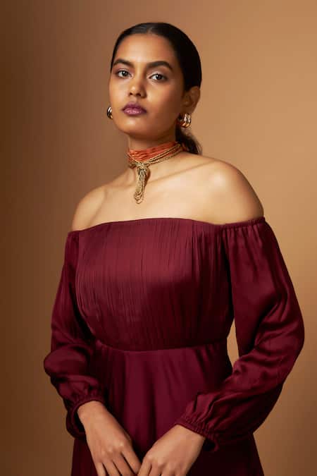 Buy_Vedika M_Maroon Satin Off-shoulder Layered Dress 