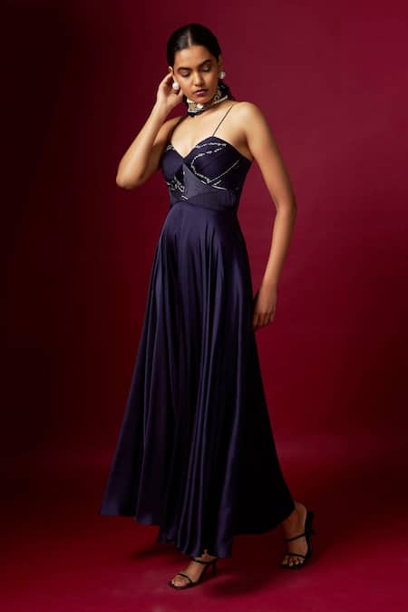 Vedika M_Blue Satin Sweetheart Neck Abstract Print Strap Dress _Online_at_Aza_Fashions
