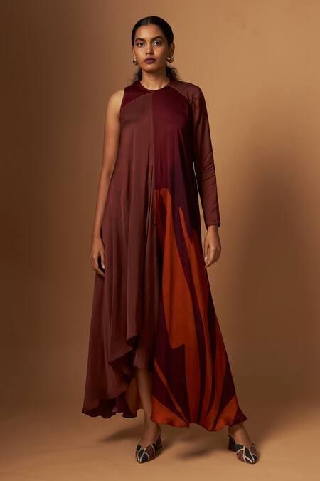 Vedika M_Brown Satin Round Neck Incut One Side Sleeve Dress _Online_at_Aza_Fashions