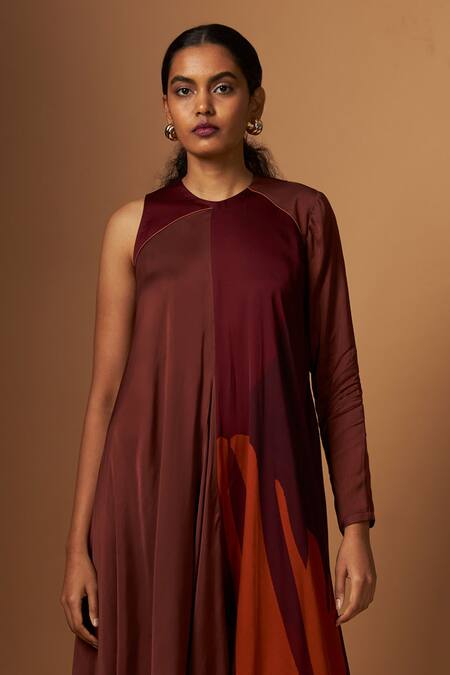 Buy_Vedika M_Brown Satin Round Neck Incut One Side Sleeve Dress _Online_at_Aza_Fashions