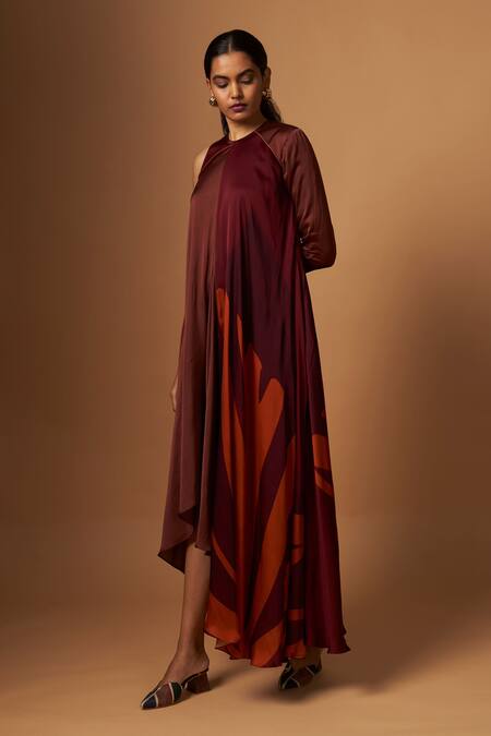 Shop_Vedika M_Brown Satin Round Neck Incut One Side Sleeve Dress _Online_at_Aza_Fashions