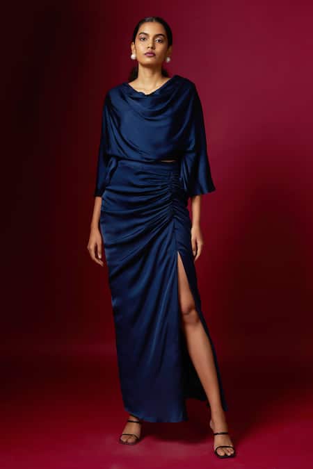 Vedika M Blue Satin Cowl Neck, Top And Draped Skirt Set Online at Aza Fashions Vedika M_Blue Satin Cowl Neck, Top And Draped Skirt Set _Online_at_Aza_Fashions