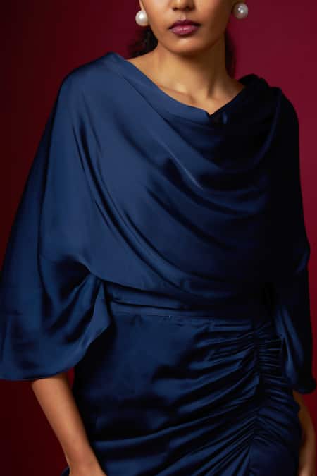 Shop Vedika M Blue Satin Cowl Neck, Top And Draped Skirt Set Online at Aza Fashions Shop_Vedika M_Blue Satin Cowl Neck, Top And Draped Skirt Set _Online_at_Aza_Fashions