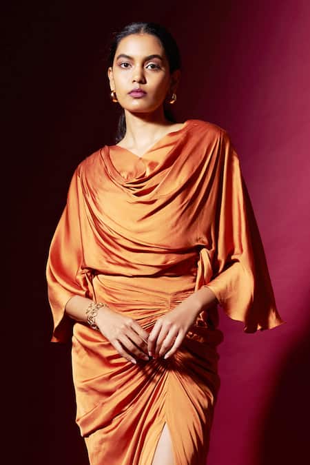 Buy_Vedika M_Orange Satin Cowl Neck Top And Draped Skirt Set _Online_at_Aza_Fashions