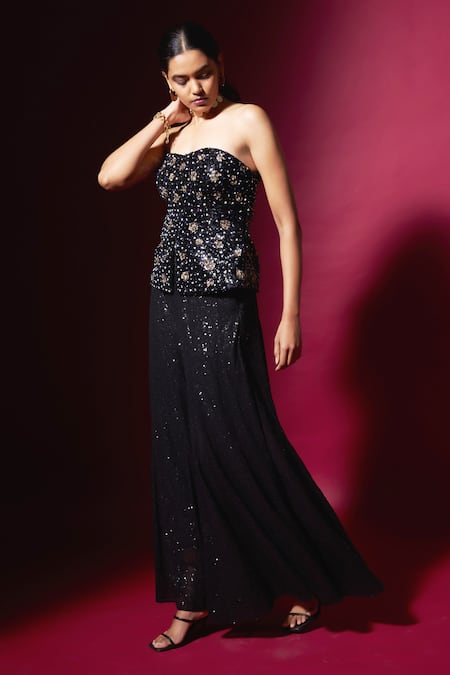 Vedika M Black Sequins, Embroidery Off-shoulder Hand Top And Sharara Set Online at Aza Fashions Vedika M_Black Sequins, Embroidery Off-shoulder Hand Top And Sharara Set _Online_at_Aza_Fashions