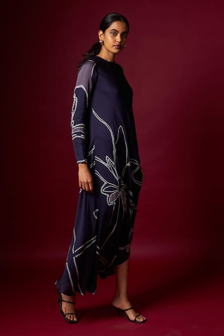 Vedika M_Blue Satin Round Neck Abstract Print Draped Dress _Online_at_Aza_Fashions