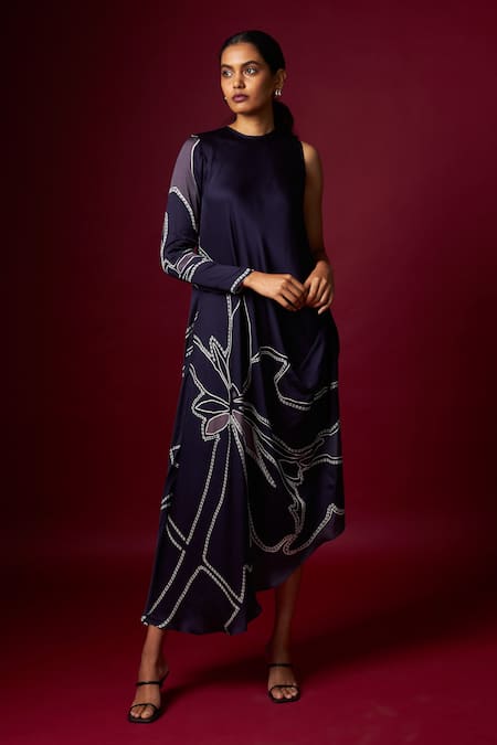 Buy_Vedika M_Blue Satin Round Neck Abstract Print Draped Dress _Online_at_Aza_Fashions
