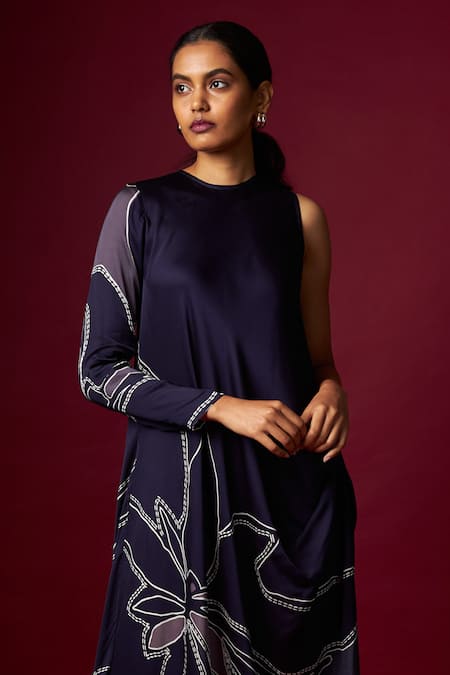 Shop_Vedika M_Blue Satin Round Neck Abstract Print Draped Dress _Online_at_Aza_Fashions