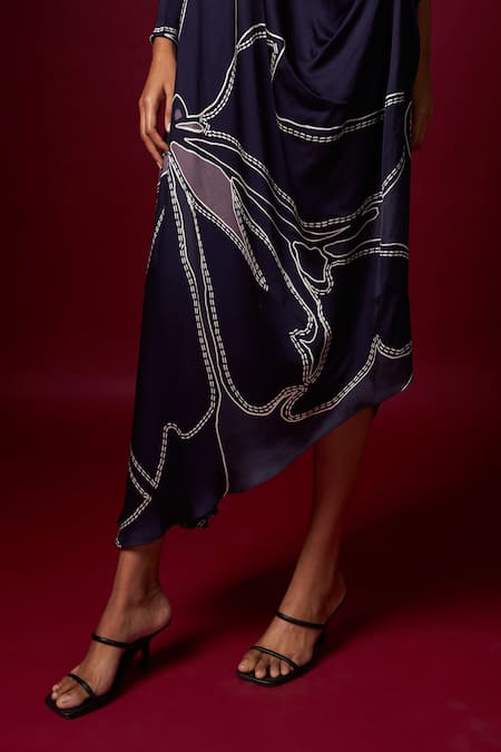 Buy_Vedika M_Blue Satin Round Neck Abstract Print Draped Dress 