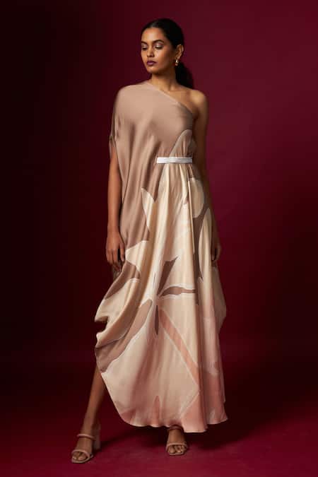 Buy Vedika M Beige Satin One Shoulder Abstract Print Draped Dress Online at Aza Fashions Buy_Vedika M_Beige Satin One Shoulder Abstract Print Draped Dress _Online_at_Aza_Fashions