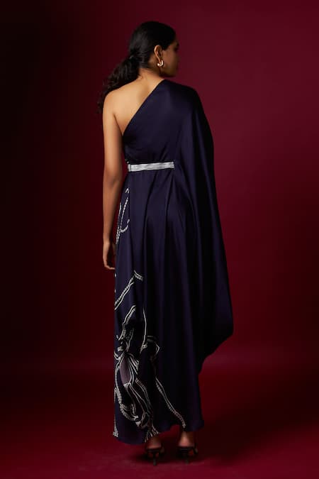 Vedika M Abstract Print One Shoulder Draped Dress 