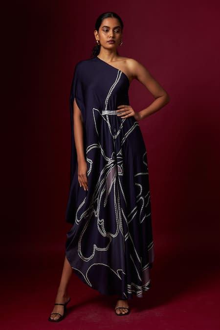 Vedika M Abstract Print One Shoulder Draped Dress 