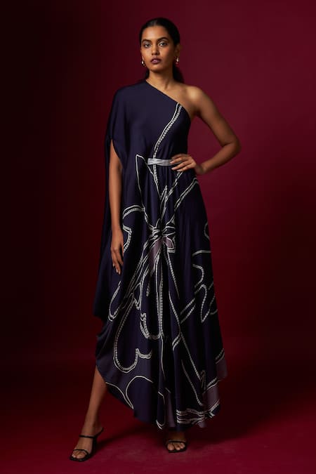 Vedika M Blue Satin One Shoulder Abstract Print Draped Dress Online at Aza Fashions Vedika M_Blue Satin One Shoulder Abstract Print Draped Dress _Online_at_Aza_Fashions