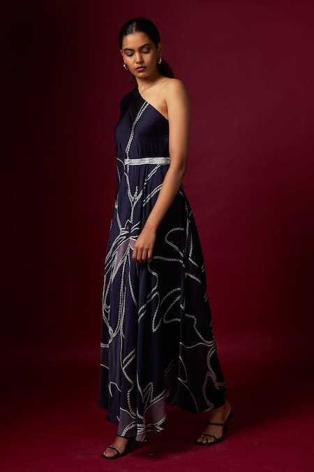 Buy Vedika M Blue Satin One Shoulder Abstract Print Draped Dress Online at Aza Fashions Buy_Vedika M_Blue Satin One Shoulder Abstract Print Draped Dress _Online_at_Aza_Fashions