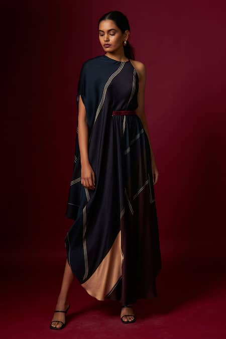 Vedika M_Multi Color Satin Round , Halter Abstract Print Incut Draped Dress _Online_at_Aza_Fashions