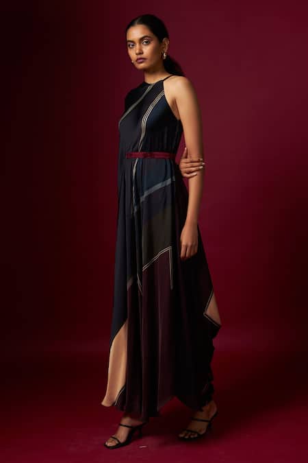 Buy_Vedika M_Multi Color Satin Round , Halter Abstract Print Incut Draped Dress _Online_at_Aza_Fashions