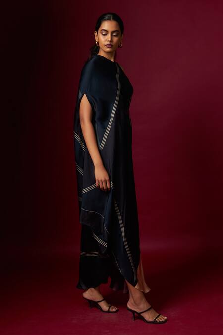 Shop_Vedika M_Multi Color Satin Round , Halter Abstract Print Incut Draped Dress _Online_at_Aza_Fashions