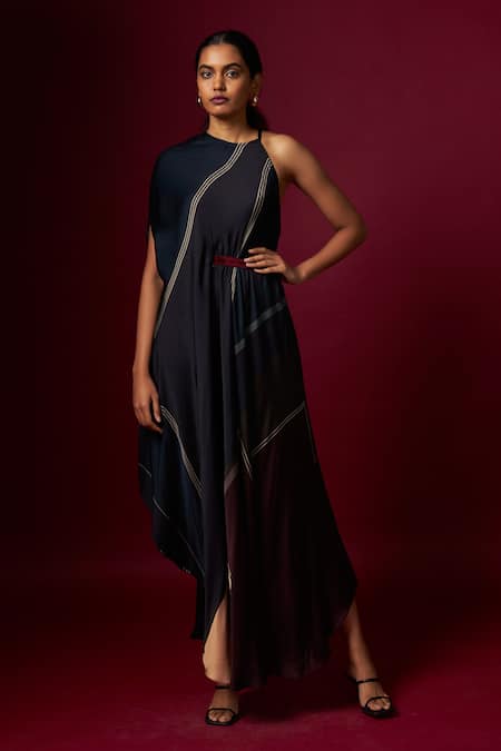 Vedika M_Multi Color Satin Round , Halter Abstract Print Incut Draped Dress _at_Aza_Fashions