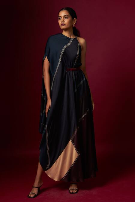 Buy_Vedika M_Multi Color Satin Round , Halter Abstract Print Incut Draped Dress 