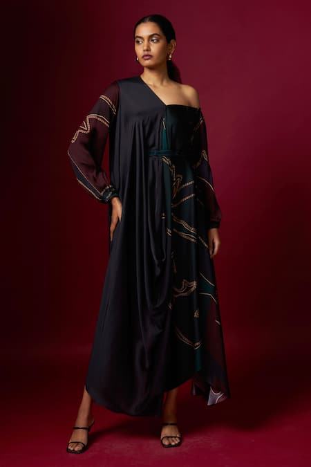 Vedika M Multi Color Satin Asymmetric, V-neck Abstract Print Draped Dress Online at Aza Fashions Vedika M_Multi Color Satin Asymmetric, V-neck Abstract Print Draped Dress _Online_at_Aza_Fashions
