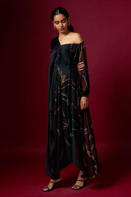 Buy Vedika M Multi Color Satin Asymmetric, V-neck Abstract Print Draped Dress Online at Aza Fashions Buy_Vedika M_Multi Color Satin Asymmetric, V-neck Abstract Print Draped Dress _Online_at_Aza_Fashions
