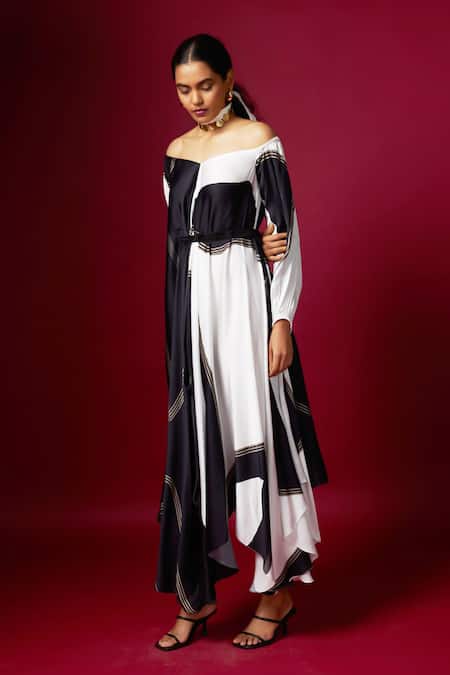 Buy Vedika M Black Satin Off-shoulder Abstract Print Wide Neck Draped Dress Online at Aza Fashions Buy_Vedika M_Black Satin Off-shoulder Abstract Print Wide Neck Draped Dress _Online_at_Aza_Fashions