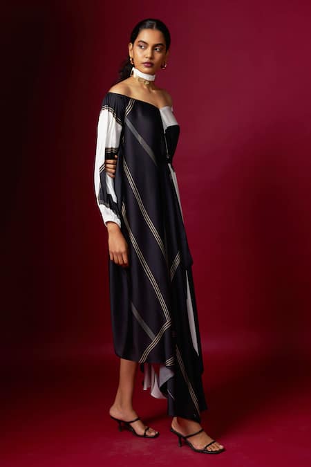 Shop Vedika M Black Satin Off-shoulder Abstract Print Wide Neck Draped Dress Online at Aza Fashions Shop_Vedika M_Black Satin Off-shoulder Abstract Print Wide Neck Draped Dress _Online_at_Aza_Fashions