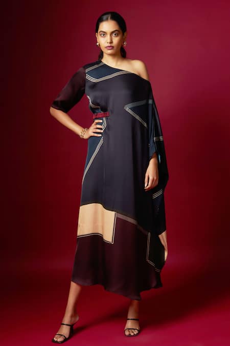 Vedika M Abstract Print Drop Shoulder Draped Dress 