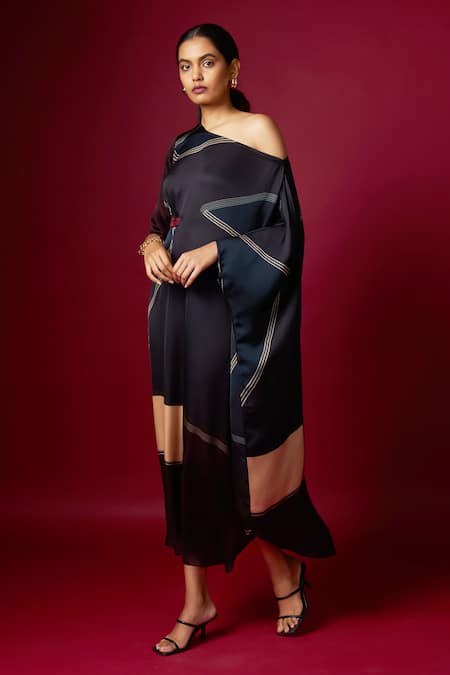 Vedika M_Multi Color Satin Asymmetric, One Shoulder Abstract Print Drop Draped Dress _Online_at_Aza_Fashions