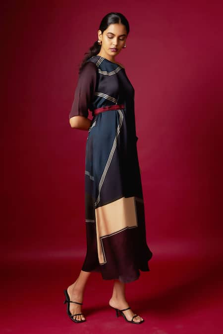 Shop_Vedika M_Multi Color Satin Asymmetric, One Shoulder Abstract Print Drop Draped Dress _Online_at_Aza_Fashions